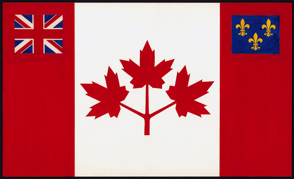 Drapeau composé d'un fond blanc avec des blocs rouges sur les côtés droit et gauche. Au centre, trois feuilles d'érable rouges sont reliées à la tige. En haut du bloc de gauche se trouve une représentation de l'Union Jack. En haut du bloc de droite se trouvent trois fleurs de lys dorées sur un rectangle bleu.