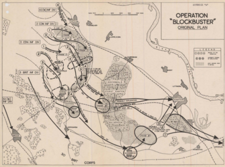 A map of battle plans. The title says "Operation Blockbuster". Arrows indicating different divisions are drawn on the map. In the centre of the map is the Hochwald Forest.