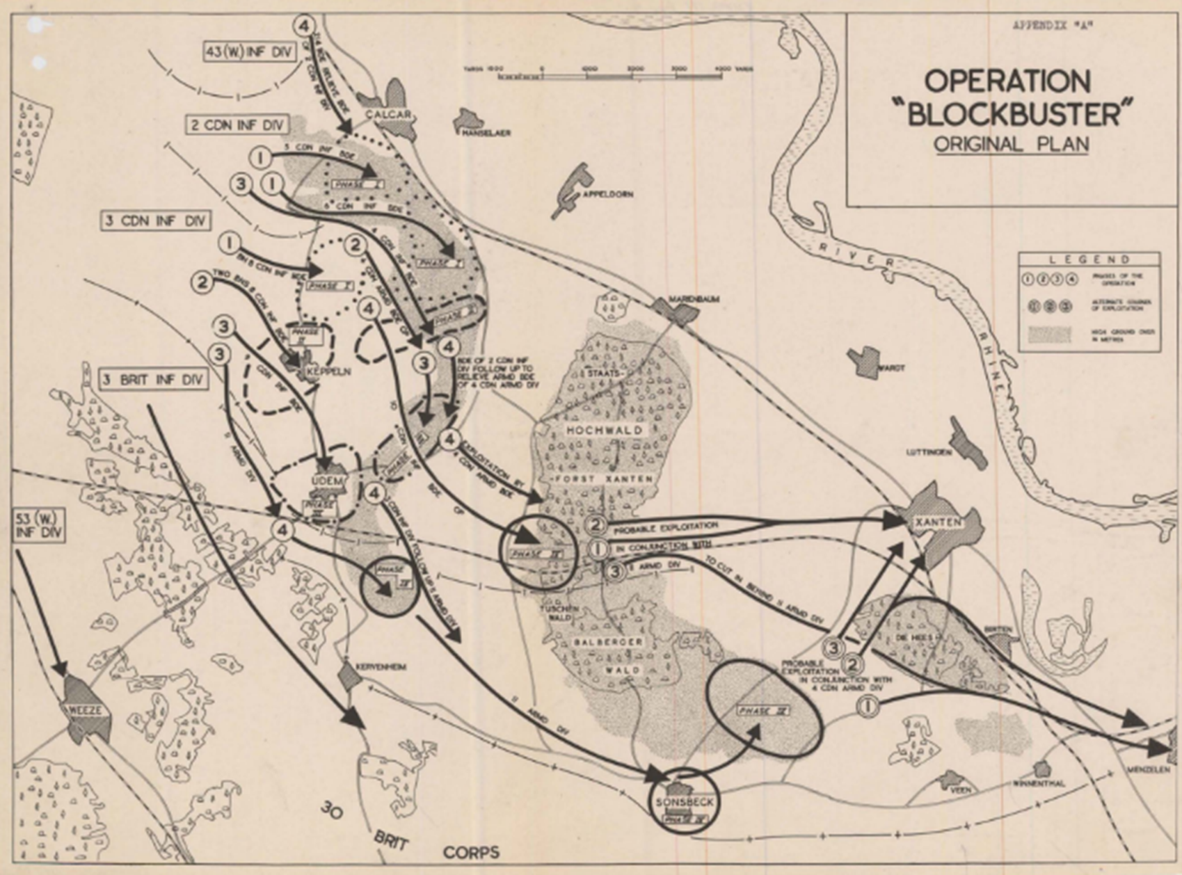 A map of battle plans. The title says "Operation Blockbuster". Arrows indicating different divisions are drawn on the map. In the centre of the map is the Hochwald Forest.