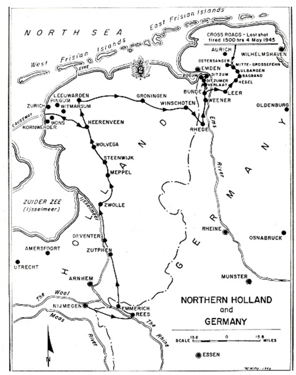 Carte montrant les mouvements du régiment aux Pays-Bas et en Allemagne