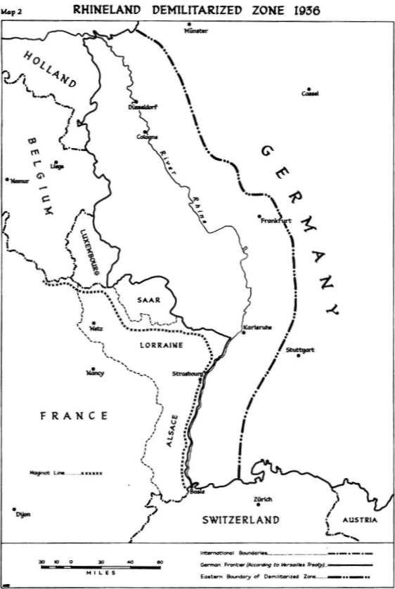 Une carte de la Rhénanie. La carte montre une région d'Allemagne traversée par le Rhin. La région est bordée par la Belgique, le Luxembourg, la France et la Suisse. La carte est intitulée « Zone démilitarisée de Rhénanie 1936 ».