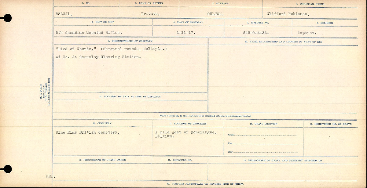 une feuille dactylographiée provenant d'un dossier personnel indiquant « mort des suites de ses blessures (blessures multiples par éclats d'obus) ».