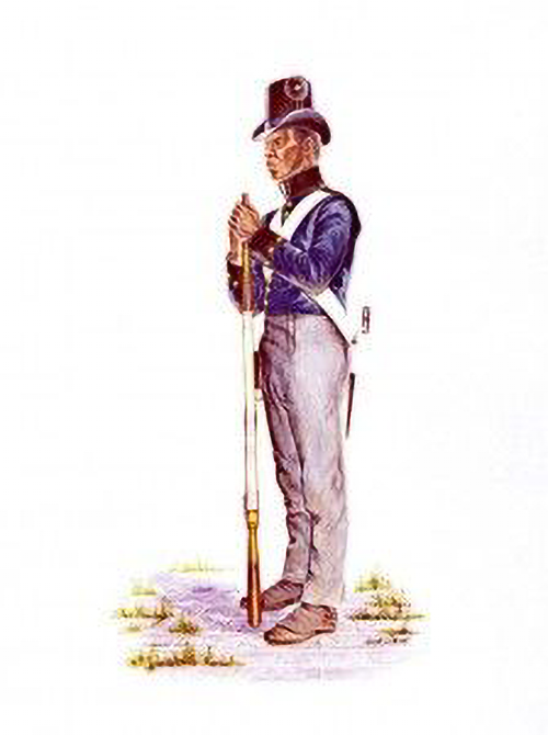 Dessin représentant un soldat noir en uniforme militaire tenant un mousquet.
