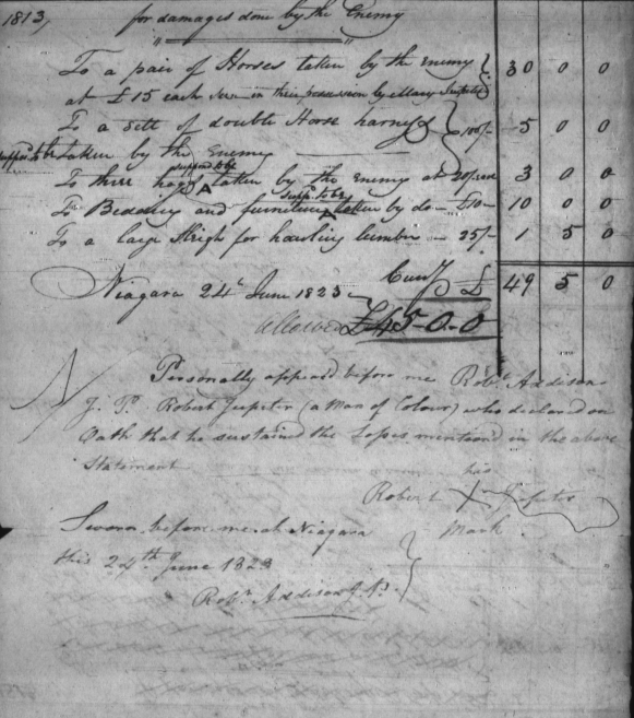 Document historique présentant un tableau des pertes financières subies par les Jupiters à la suite de la guerre de 1812.