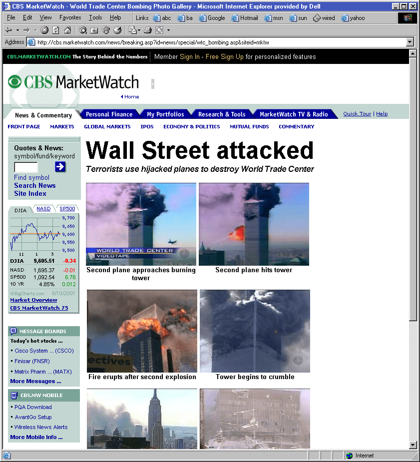 Page d'actualités électroniques de septembre 2001. Le titre indique «&nbsp;Wall Street attaquée&nbsp;».