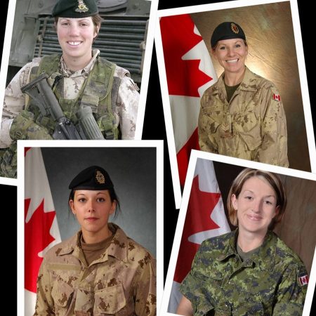 four photos on a poster. All four images are of female soldiers in uniform.