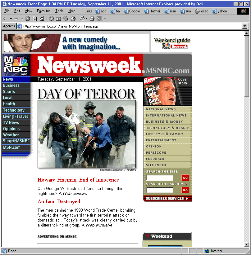 Capture d'écran de la page d'accueil de MSNBC en septembre 2001. On peut y lire «&nbsp;Jour de terreur&nbsp;».