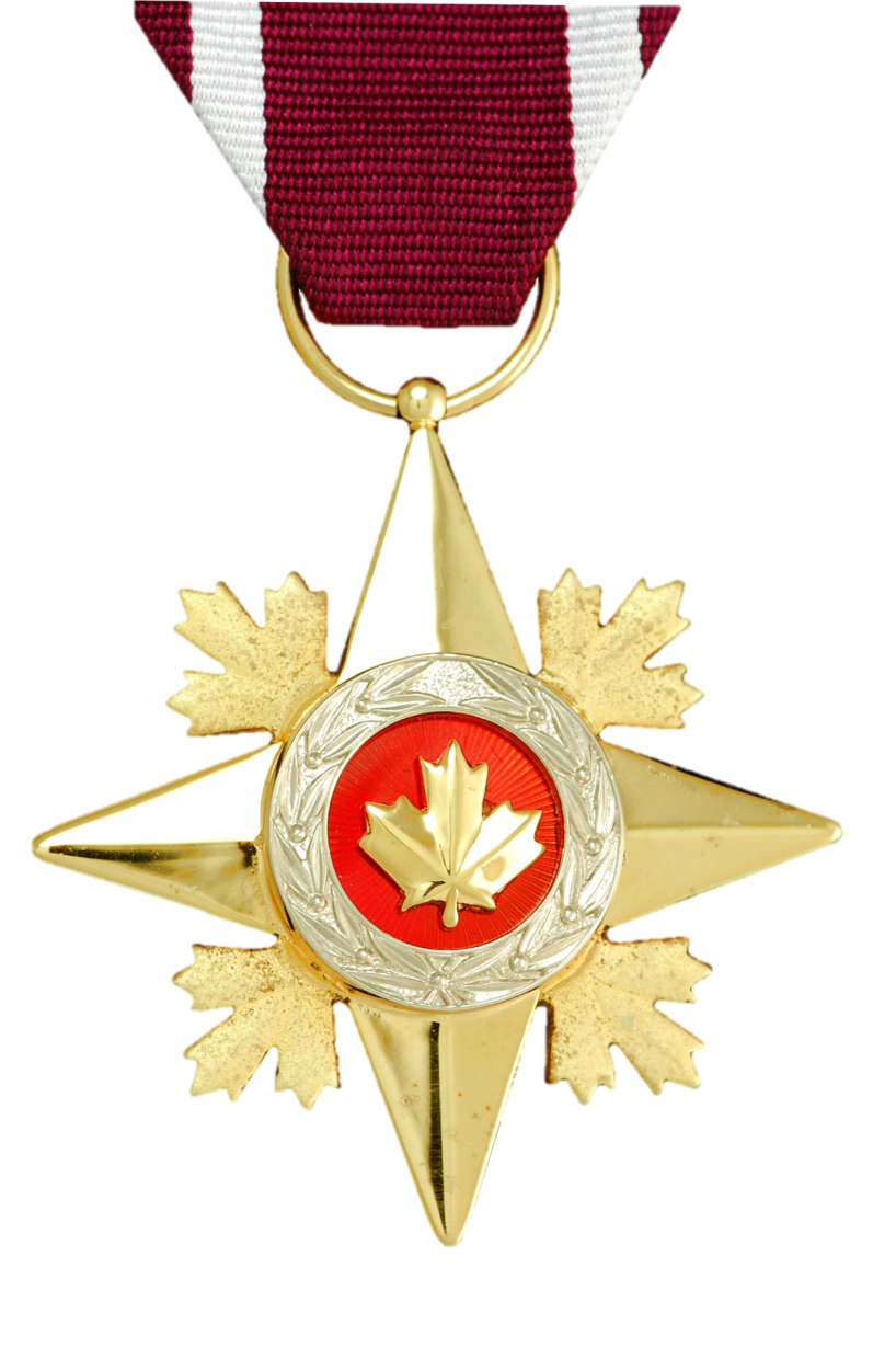 Une médaille en forme d'étoile avec des feuilles d'érable. Au centre se trouve un cercle rouge avec une feuille d'érable.