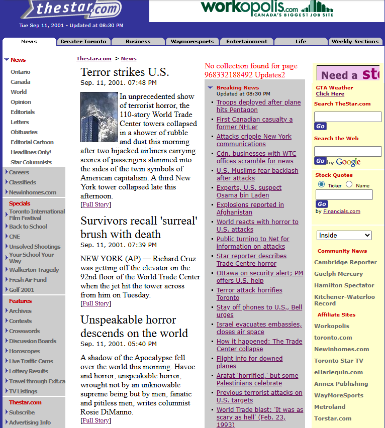 Capture d'écran d'articles électroniques datant du 11 septembre 2001. Les titres des articles sont les suivants&nbsp;: «&nbsp;Le terrorisme frappe les États-Unis. Les survivants se souviennent d'une expérience surréaliste avec la mort&nbsp;», «&nbsp;Une horreur indescriptible s'abat sur le monde&nbsp;».