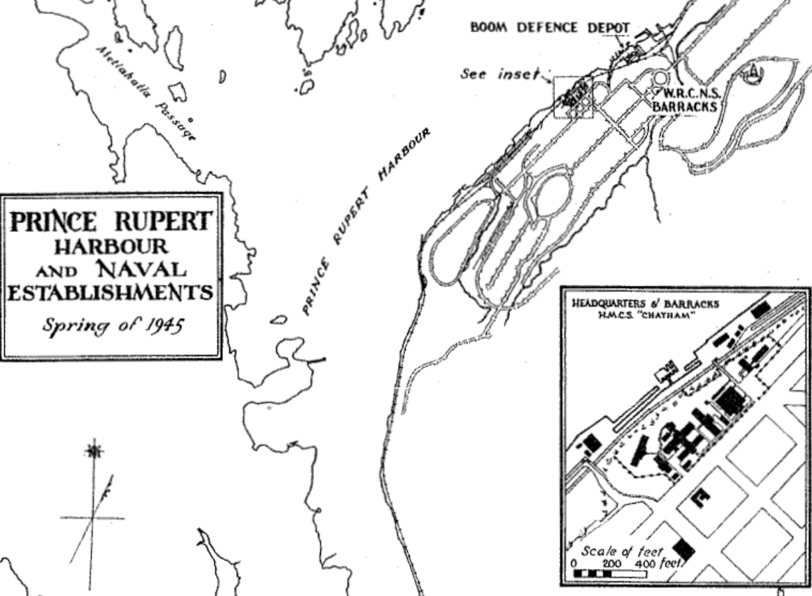 Une carte représentant le port de Prince Rupert et les installations navales. La mention «&nbsp;Quartier général et caserne du HMCS Chatham&nbsp;» figure sur la carte.