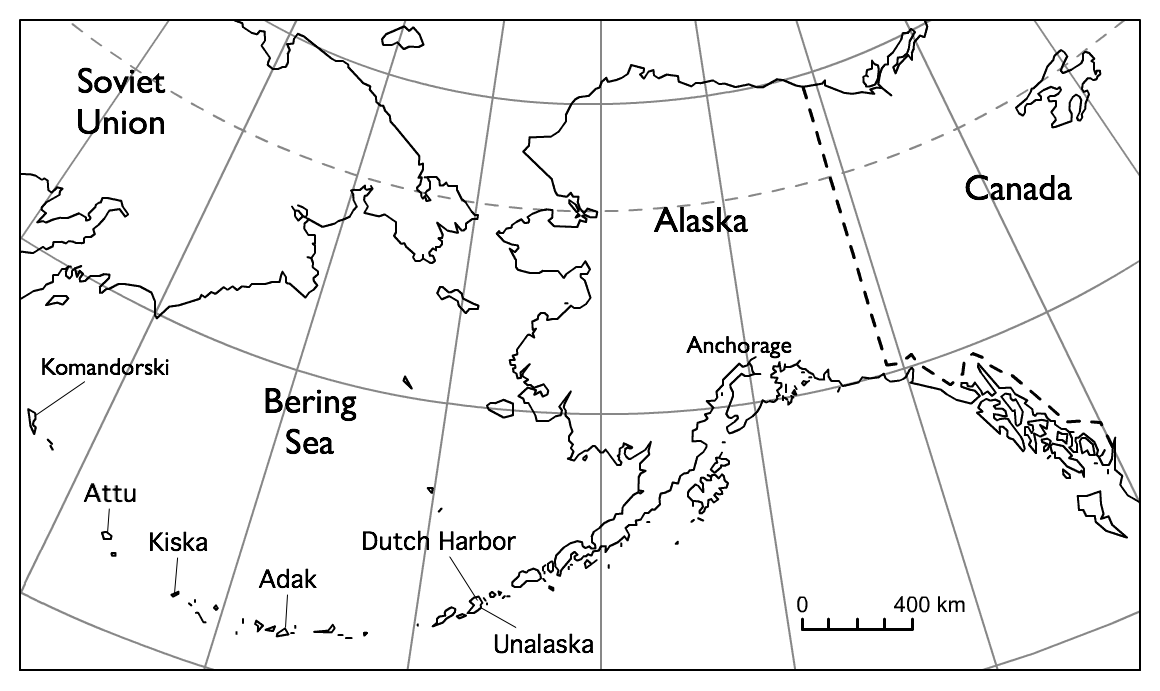 Une carte des îles Aléoutiennes. Les îles Komandorski, Attu, Kiska, Adak, ainsi que Dutch Harbor et Unalaska y sont indiquées.