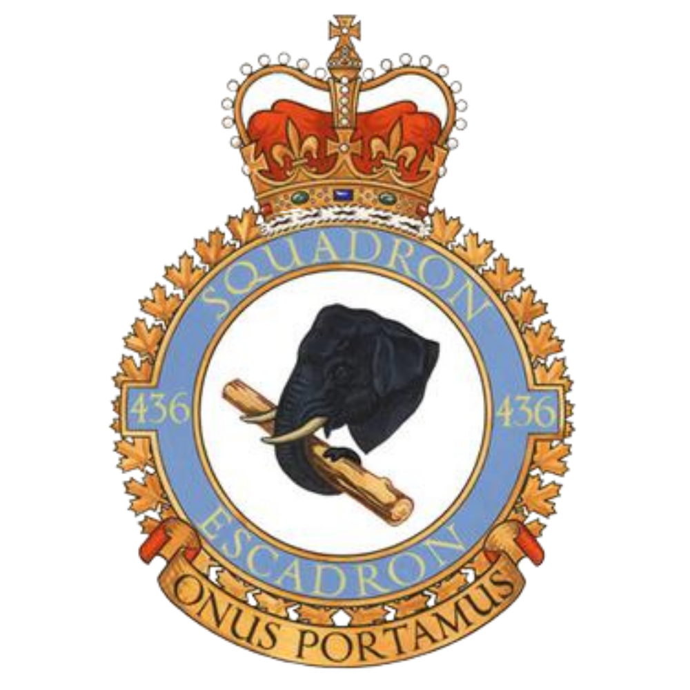 Un insigne militaire représentant au centre un éléphant tenant un bâton. On peut y lire&nbsp;: «&nbsp;436e Escadron – Onus Portamus&nbsp;».