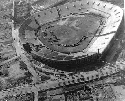 An aerial view of a baseball stadium.