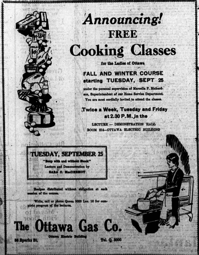 Annonce pour des cours de cuisine gratuits. L'annonce indique : « Nous annonçons des cours de cuisine gratuits destinés aux femmes d'Ottawa. Les cours d'automne et d'hiver débuteront le mardi 25 septembre sous la supervision personnelle de Marcella P. Richardson », et fournit des informations complémentaires sur ces cours.