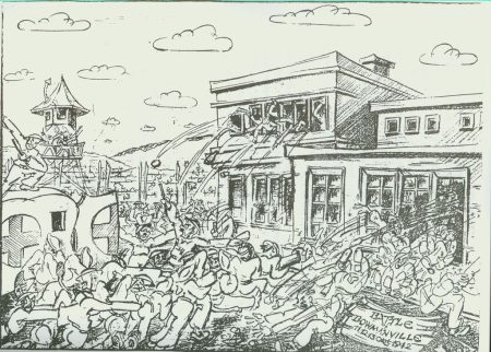 a sketch of the battle of Bowmanville showing guards and prisoners fighting.