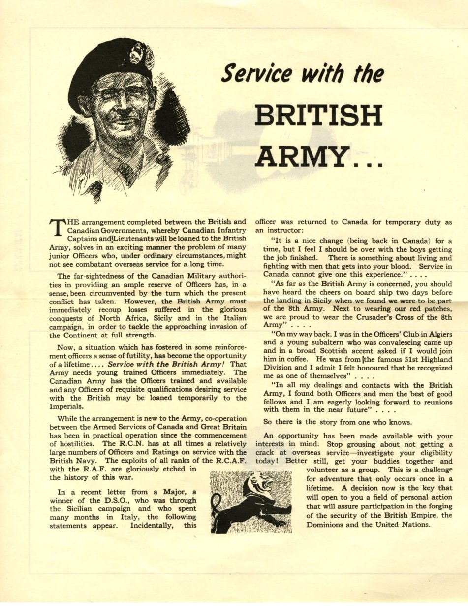 Un article de recrutement pour le programme CANLOAN. En haut de l'article figure le croquis d'un homme. À côté de celui-ci figure le titre&nbsp;: «&nbsp;Servir dans l'armée britannique&nbsp;»